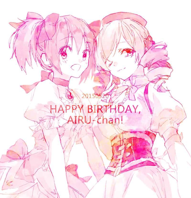 2girls :d ;3 blush bow choker corset drill_hair hair_bow hair_ornament happy_birthday hat kaname_madoka long_hair magical_girl mahou_shoujo_madoka_magica multiple_girls nazu open_mouth pink puffy_short_sleeves puffy_sleeves short_hair short_sleeves simple_background smile soul_gem tomoe_mami twintails white_background