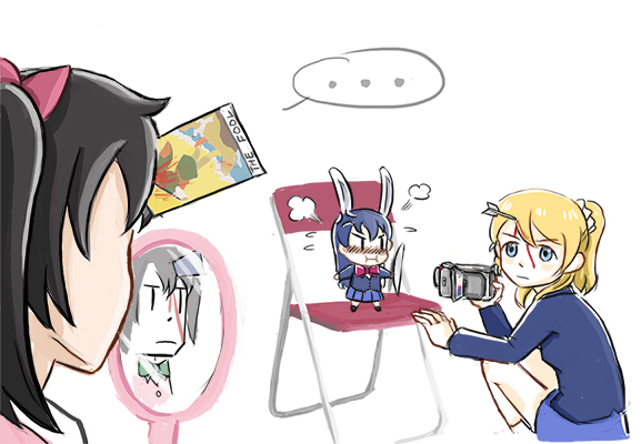&gt;:| ... 3girls :i animal_ears ayase_eli black_hair bleeding blonde_hair blood blood_on_face blue_eyes blue_hair blush bow camcorder card chair chibi comedy dha315 embarrassed filming folding_chair hair_bow holding injury kemonomimi_mode long_hair looking_at_another love_live!_school_idol_project minigirl mirror multiple_girls ponytail rabbit_ears reflection school_uniform scrunchie short_hair simple_background sonoda_umi speech_bubble spoken_ellipsis squatting tarot the_fool_(tarot_card) twintails white_background yazawa_nico