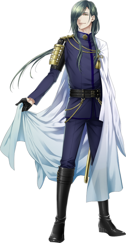 1boy black_gloves boots cape full_body gloves green_hair hair_over_one_eye ichi-be long_hair male_focus nikkari_aoe official_art sheath simple_background sode solo standing touken_ranbu transparent_background