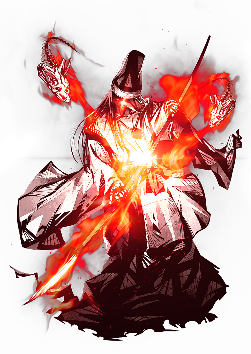 1boy alpha_transparency artist_request enemy_naginata fire full_body glowing glowing_eye hat historical_revisionist japanese_clothes male_focus naginata official_art polearm simple_background skeleton solo touken_ranbu transparent_background weapon