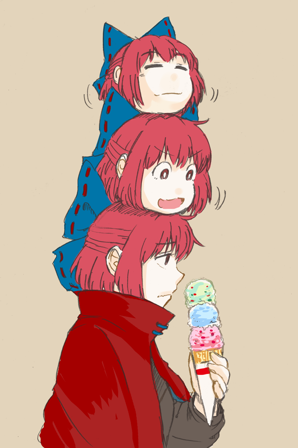 1girl brown_hair cape closed_eyes disembodied_head food hair_ornament hair_ribbon ice_cream long_sleeves maruhachi_(maruhachi_record) on_head open_mouth profile red_eyes redhead ribbon sekibanki shirt short_hair simple_background smile touhou wavy_mouth