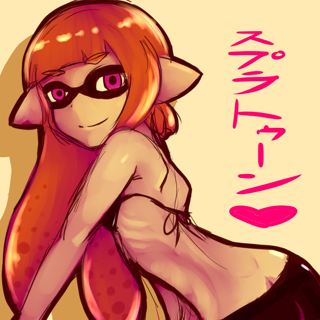 1girl back bike_shorts bikini_top butt_crack flat_chest hgs inkling long_hair mask orange_hair payot pink_eyes pointy_ears ribs smile solo splatoon tentacle_hair twintails