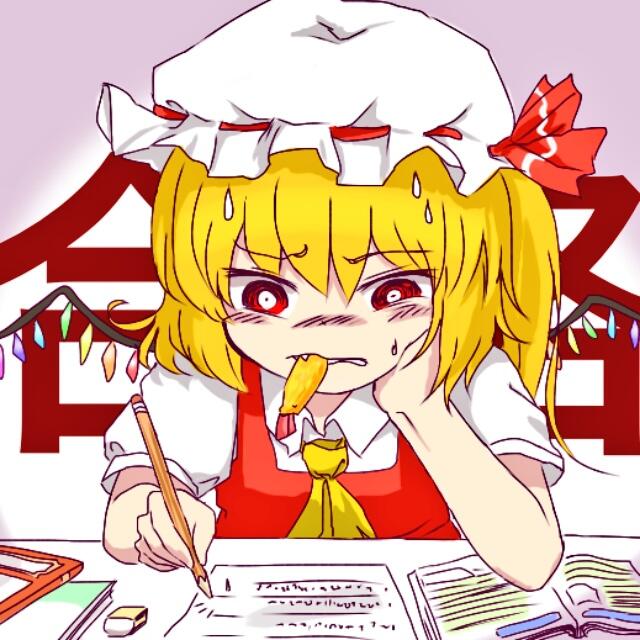ameyu arm_support blonde_hair book eraser fang flandre_scarlet homework mob_cap mouth_hold pencil red_eyes side_ponytail sitting sweat touhou wings