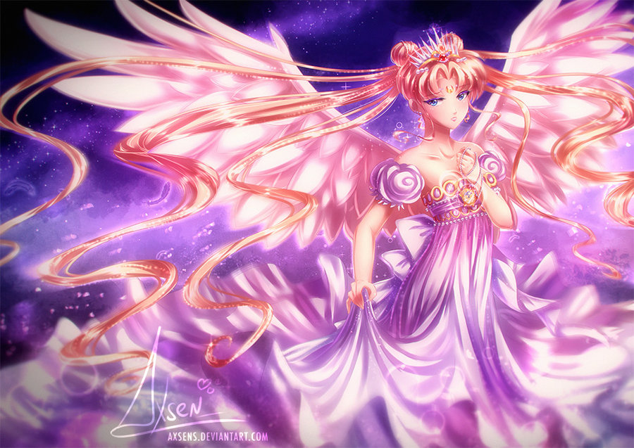 angel_wings axsen bishoujo_senshi_sailor_moon blonde_hair blue_eyes blurry double_bun dress feathers holding holding_necklace long_dress long_hair princess_serenity signature skirt skirt_lift sky star_(sky) starry_sky tiara tsukino_usagi very_long_hair watermark web_address white_dress wings