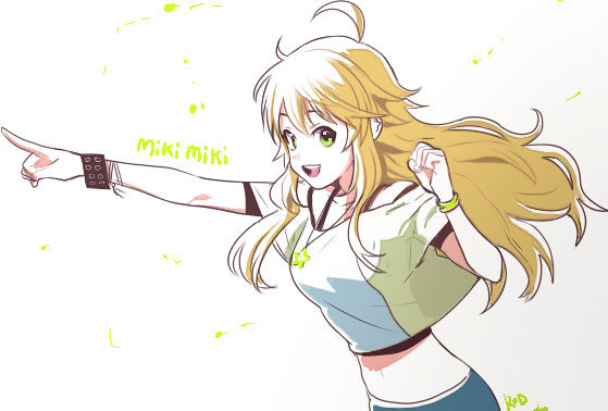 1girl ahoge artist_name blonde_hair bracelet character_name green_eyes hoshii_miki idolmaster jewelry long_hair looking_at_viewer midriff navel necklace open_mouth overexposure pointing rod4817 solo star