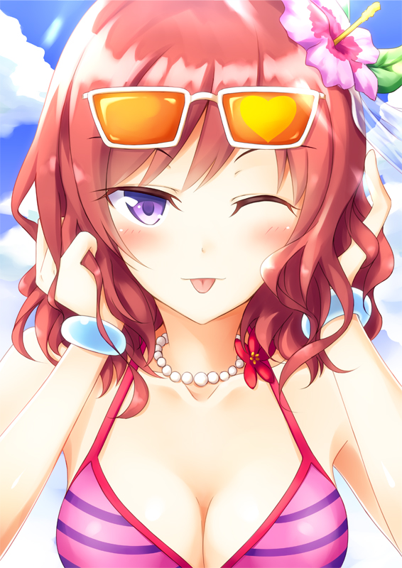 1girl aoi_usagi bikini blush breasts flower heart jewelry love_live!_school_idol_project necklace nishikino_maki one_eye_closed redhead short_hair sky solo sunglasses swimsuit tongue tongue_out violet_eyes