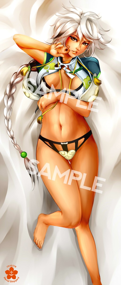 1girl alternate_skin_color asymmetrical_hair bed_sheet braid breasts cloud_print flat_gaze hair_ornament highres jojo218 kantai_collection large_breasts lipstick long_hair looking_at_viewer lying makeup midriff navel on_back onmyouji open_clothes revealing_clothes silver_hair single_braid smile solo unryuu_(kantai_collection) very_long_hair yellow_eyes