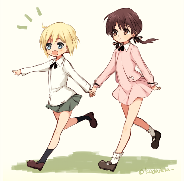 2girls blonde_hair blue_eyes brown_eyes brown_hair child dress erica_hartmann gertrud_barkhorn hair_ribbon holding_hands kodamari long_hair multiple_girls pink_dress pointing ribbon running short_hair skirt strike_witches twintails younger