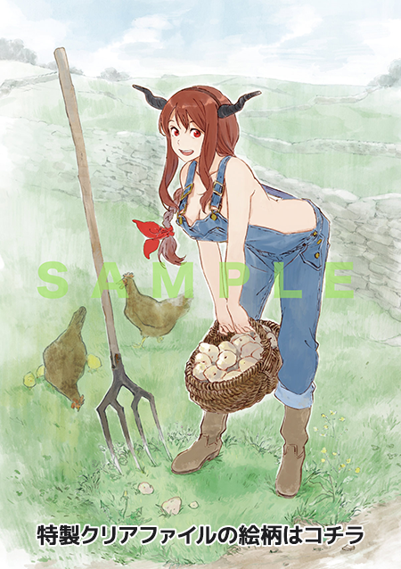 1girl animal bird breasts chicken demon_girl farm female horns huge_breasts large_breasts long_hair maou_(maoyuu) maoyuu_maou_yuusha naked_overalls no_bra open_mouth overalls red_eyes redhead smile solo