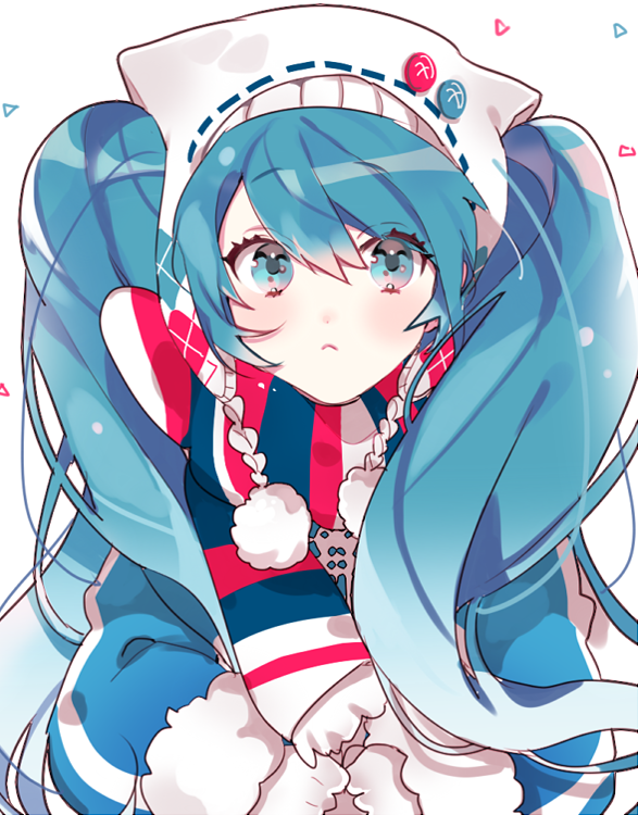 1girl blue_eyes blue_hair hat hatsune_miku long_hair looking_at_viewer piyo_(ppotatto) scarf solo striped striped_scarf twintails very_long_hair vocaloid yuki_miku