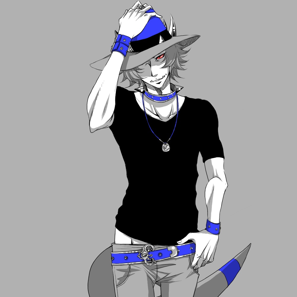 1boy belt collar cranidos fangs hand_on_headwear hat jewelry kurage_miho limited_palette necklace one_eye_covered pants_pull personification pokemon red_eyes ring solo spiked_collar spikes t-shirt tail wristband