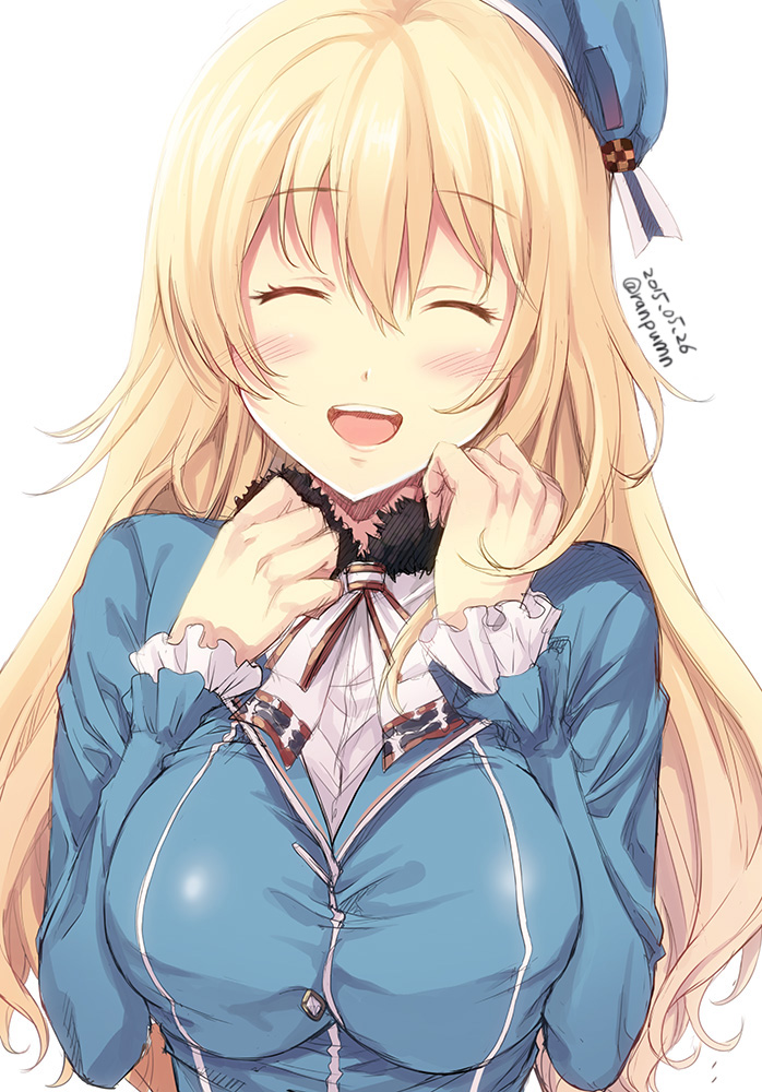 1girl :d ^_^ ascot atago_(kantai_collection) beret blonde_hair blush breasts closed_eyes dated facing_viewer frilled_sleeves frills happy hat kantai_collection large_breasts long_hair military military_uniform open_mouth simple_background smile tomozo_kaoru twitter_username uniform upper_body white_background