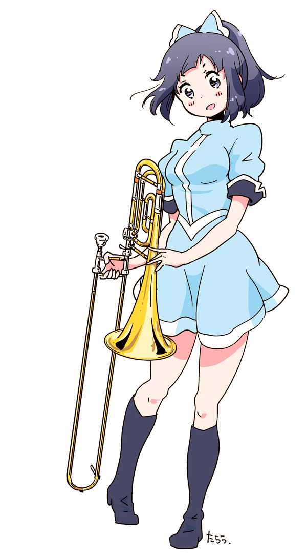 1girl black_boots black_eyes blue_dress blue_hair boots bow commentary_request dress full_body hair_bow hibike!_euphonium instrument instrument_request karaagetarou knee_boots ponytail sasaki_azusa simple_background solo trombone white_background