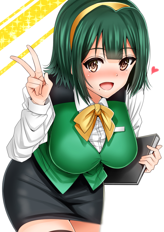 1girl bent_over black_legwear blush book bow breasts brown_eyes green_hair hair_ornament heart idolmaster large_breasts looking_at_viewer marukome01 miniskirt mole mole_under_mouth open_mouth otonashi_kotori shirt skirt smile solo thigh-highs thighs v vest zettai_ryouiki