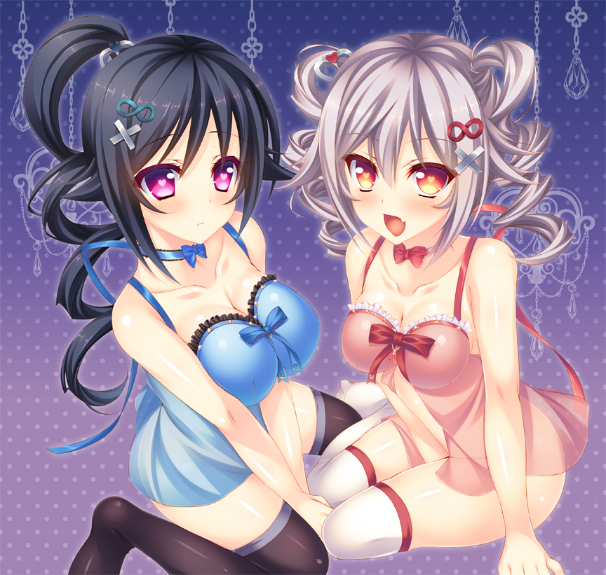 2girls babydoll black_hair breasts brown_eyes cleavage drill_hair erina06 heart heart-shaped_pupils long_hair multiple_girls open_mouth original red_eyes silver_hair symbol-shaped_pupils thigh-highs twin_drills