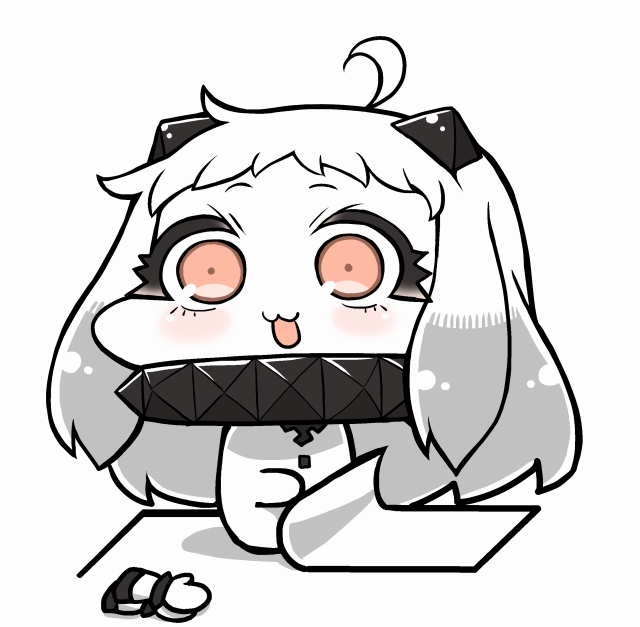 1girl :3 ahoge chibi horns kantai_collection long_hair mittens_removed northern_ocean_hime open_mouth shinkaisei-kan simple_background solo tanaka_kusao white_background white_hair