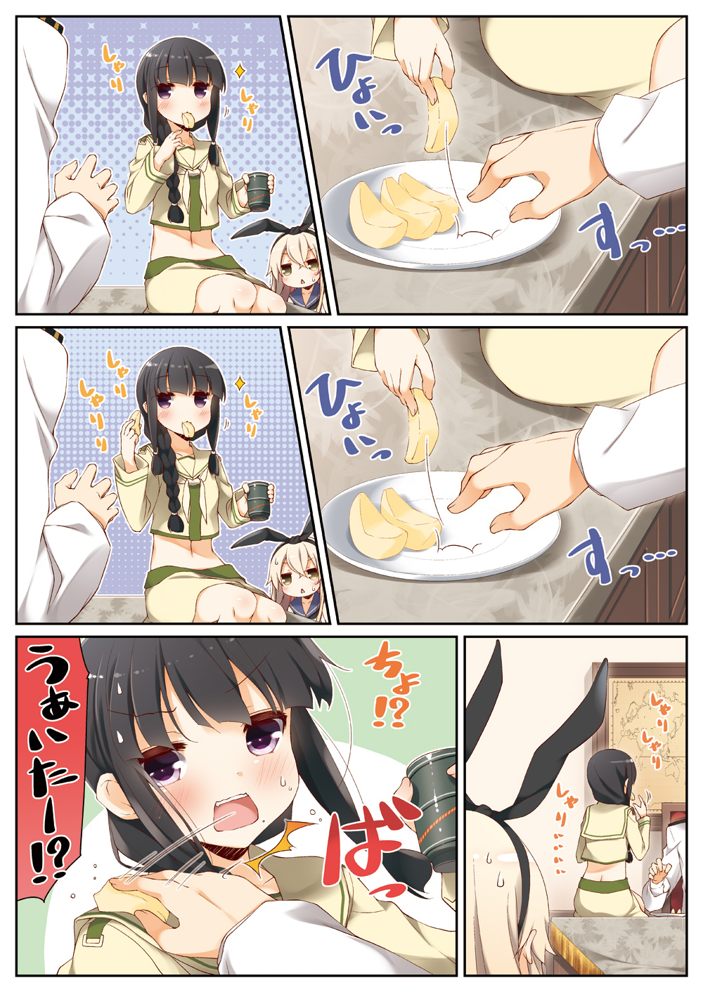 !? /\/\/\ 1boy 2girls admiral_(kantai_collection) apple black_hair blonde_hair braid comic crop_top cup food food_in_mouth fruit hair_over_shoulder hairband highres kantai_collection kitakami_(kantai_collection) long_hair long_sleeves military military_uniform multiple_girls open_mouth plate school_uniform serafuku shimakaze_(kantai_collection) single_braid sparkle sweat teacup translation_request triangle_mouth uniform yume_no_owari