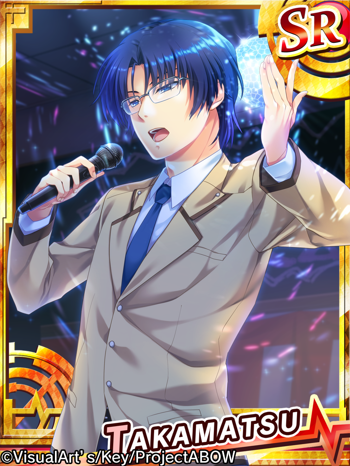 1boy angel_beats! blue_eyes blue_hair card_(medium) glasses male_focus microphone multiple_boys satomi_yoshitaka short_hair takamatsu