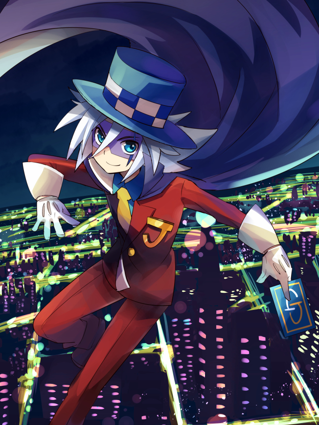 1boy blue_eyes cape card city city_lights formal gloves hat jack_jones joker_(kaitou_joker) kaitou_joker looking_at_viewer male_focus mask mersey necktie night night_sky silver_hair sky smile suit top_hat