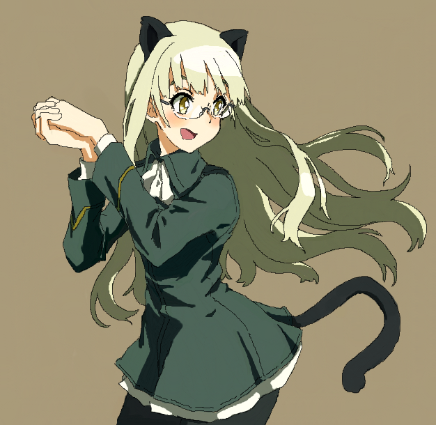 1girl :d animal_ears black_legwear blonde_hair brown_background cat_ears cat_tail cravat hands_clasped long_hair long_sleeves military military_uniform open_mouth pantyhose perrine_h_clostermann shiratama_(hockey) simple_background smile solo strike_witches tail uniform yellow_eyes