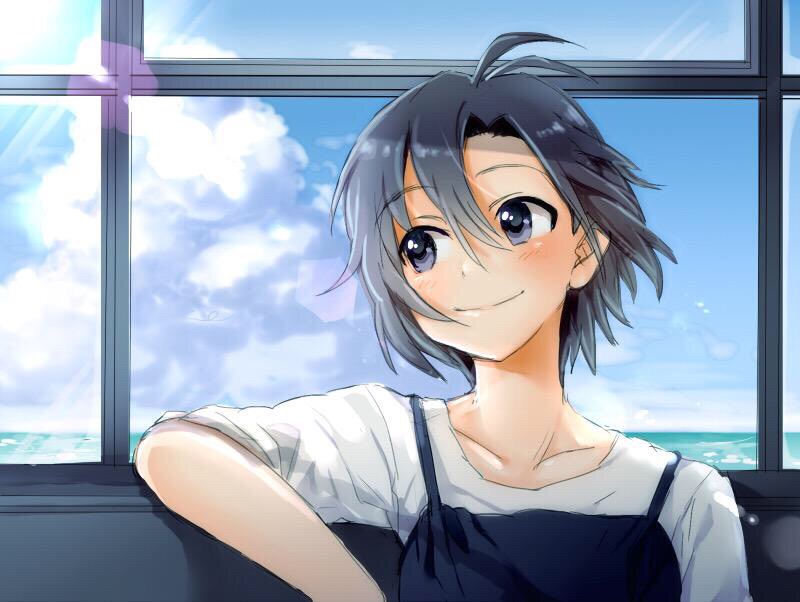 1girl antenna_hair black_hair blue_eyes clouds idolmaster kikuchi_makoto ocean restaint short_hair smile solo