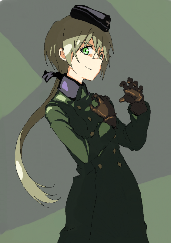 1girl black_ribbon brown_gloves buttons coat double-breasted garrison_cap gloves green_eyes hair_ribbon hanna_rudel hat light_brown_hair long_coat long_hair long_sleeves military military_uniform nose_scar ponytail ribbon scar shiratama_(hockey) smile solo strike_witches uniform