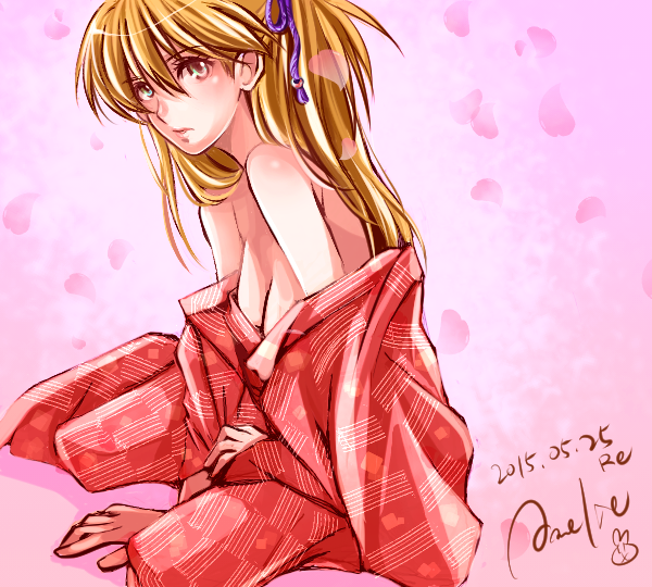1girl alternate_costume amelie aqua_eyes bare_shoulders blonde_hair breasts cleavage dated hair_ribbon japanese_clothes kimono light_brown_hair long_hair long_sleeves neon_genesis_evangelion no_bra off_shoulder open_clothes open_kimono petals ribbon signature sitting solo souryuu_asuka_langley two_side_up