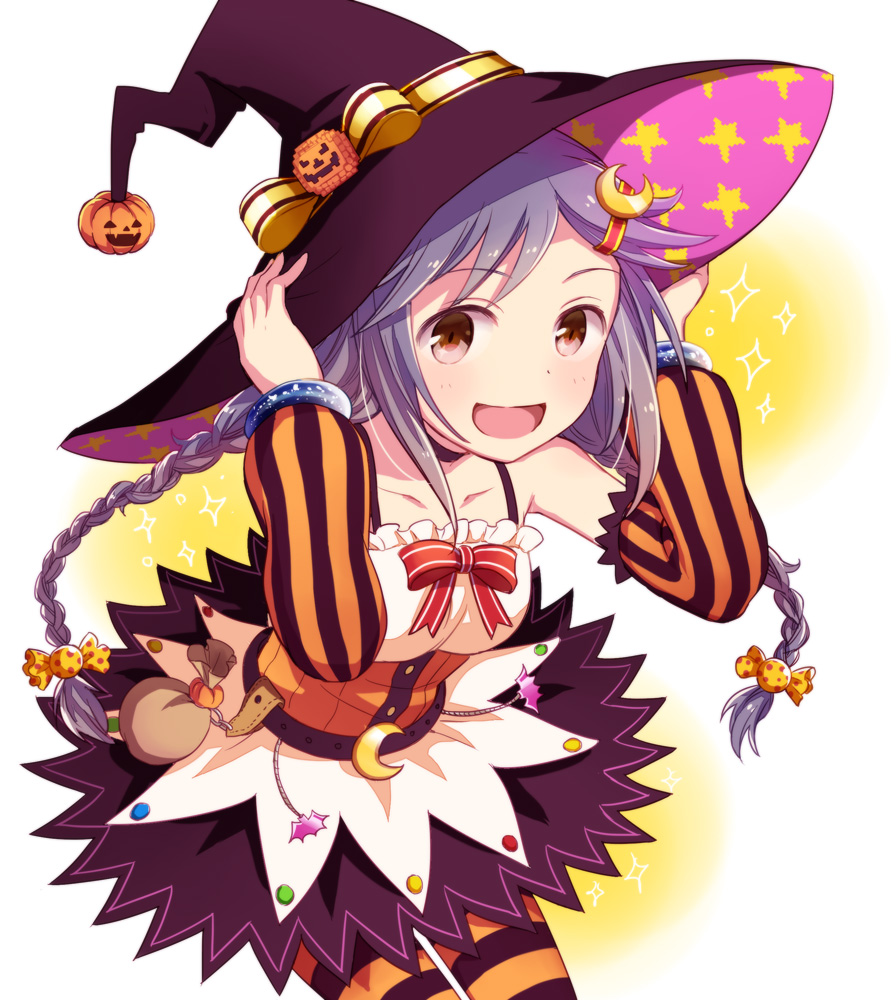 1girl black_hair braid brown_eyes doseki_udon hair_ornament hairclip halloween hat idolmaster idolmaster_cinderella_girls long_hair miyoshi_sana open_mouth pumpkin solo striped striped_legwear twin_braids twintails witch_hat