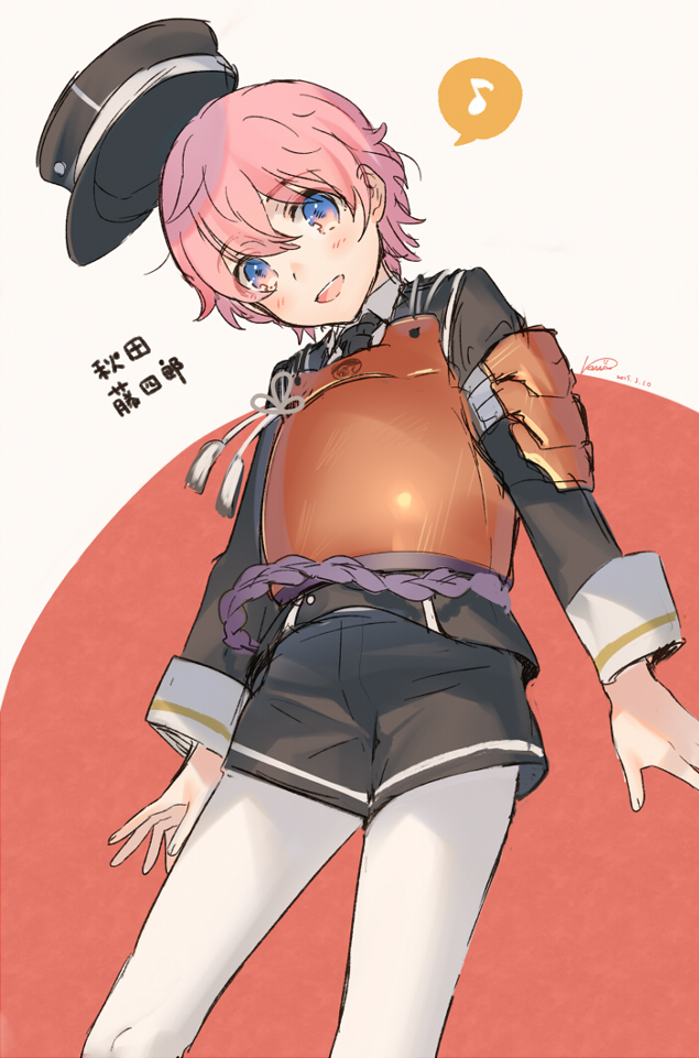 1boy akita_toushirou artist_name blue_eyes blush character_name dated from_below kippu legwear_under_shorts male_focus military military_uniform musical_note open_mouth pantyhose pink_hair quaver short_hair shorts solo speech_bubble spoken_musical_note touken_ranbu uniform white_legwear