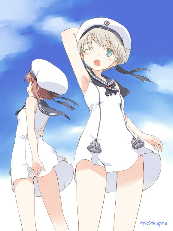2girls adapted_costume arm_up armpits asoka blonde_hair blush brown_eyes brown_hair clouds commentary dress from_below green_eyes hand_on_head hat kantai_collection multiple_girls one_eye_closed open_mouth sailor_dress sailor_hat short_hair signature sky twitter_username white_dress wind z1_leberecht_maass_(kantai_collection) z3_max_schultz_(kantai_collection)