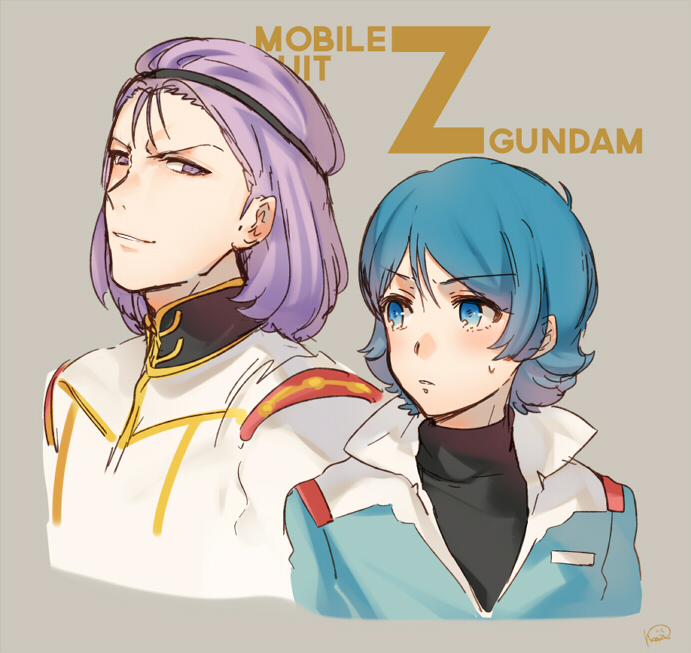 2boys blue_eyes blue_hair character_request copyright_name gundam kamille_bidan kippu male_focus multiple_boys paptimus_scirocco parted_lips purple_hair short_hair upper_body violet_eyes zeta_gundam