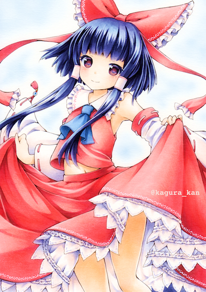 1girl alternate_hairstyle armpits ascot bare_shoulders black_eyes bow detached_sleeves funnyfunny hair_bow hair_tubes hakurei_reimu long_sleeves looking_at_viewer marker_(medium) purple_hair ribbon-trimmed_sleeves ribbon_trim shirt skirt skirt_lift skirt_set smile solo touhou traditional_media wide_sleeves