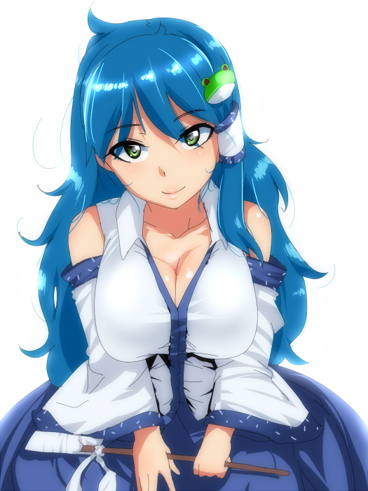 1girl alternate_hair_color bare_shoulders blue_hair breasts cleavage collarbone detached_sleeves frog_hair_ornament green_eyes hair_ornament hyudora kochiya_sanae large_breasts long_hair long_sleeves looking_at_viewer oonusa shirt skirt skirt_set smile solo touhou very_long_hair wide_sleeves