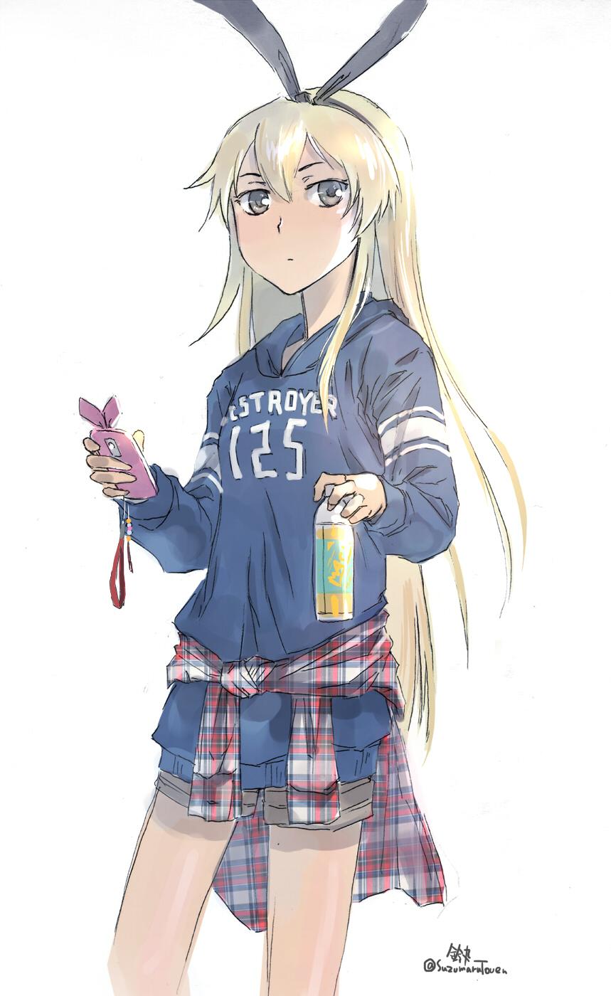 1girl blonde_hair bow brown_eyes casual cellphone clothes_around_waist contemporary hair_bow hairband highres hoodie jacket_around_waist kantai_collection long_hair phone plaid shimakaze_(kantai_collection) shirt shorts simple_background smartphone solo suzumaru tied_shirt twitter_username white_background