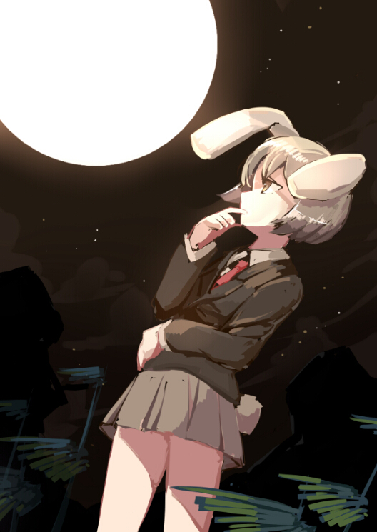 1girl animal_ears arm_around_waist bamboo beige_hair beige_skirt blazer brown_eyes bunny_tail clouds collared_shirt finger_to_face full_moon long_sleeves looking_up moon moonlight necktie night night_sky perspective rabbit_ears reisen shiny shiny_hair shirt sketch sky solo star_(sky) tail touhou wind yetworldview_kaze