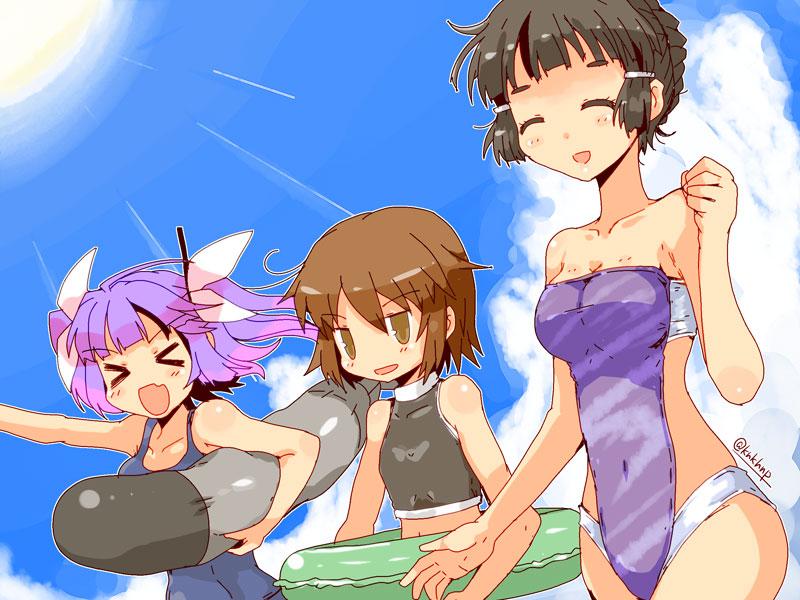 &gt;_&lt; 3girls closed_eyes i-19_(kantai_collection) kantai_collection multiple_girls myoukou_(kantai_collection) short_hair swimsuit tagme wakaba_(kantai_collection)