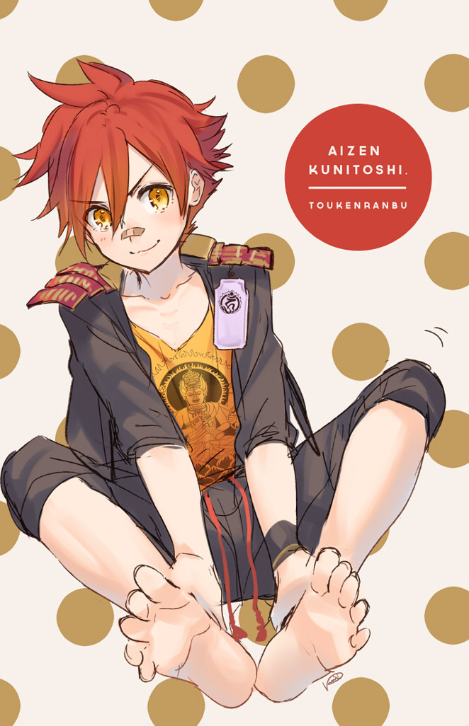 &gt;:3 1boy :3 aizen_kunitoshi artist_name bandaid bandaid_on_nose barefoot character_name copyright_name kippu male_focus polka_dot polka_dot_background redhead signature smile solo touken_ranbu