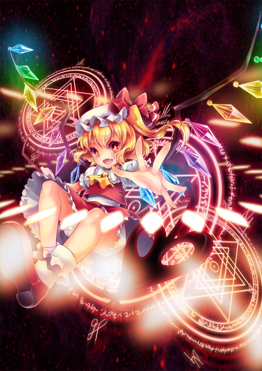 1girl artificial_wings blonde_hair dress flandre_scarlet hat highres keroyon laevatein magic_circle red_eyes side_ponytail solo touhou wings