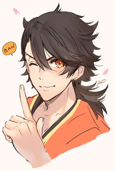 1boy brown_hair face finger_gun grin japanese_clothes long_hair male_focus mutsu-no-kami_yoshiyuki one_eye_closed romaji smile speech_bubble touken_ranbu upper_body