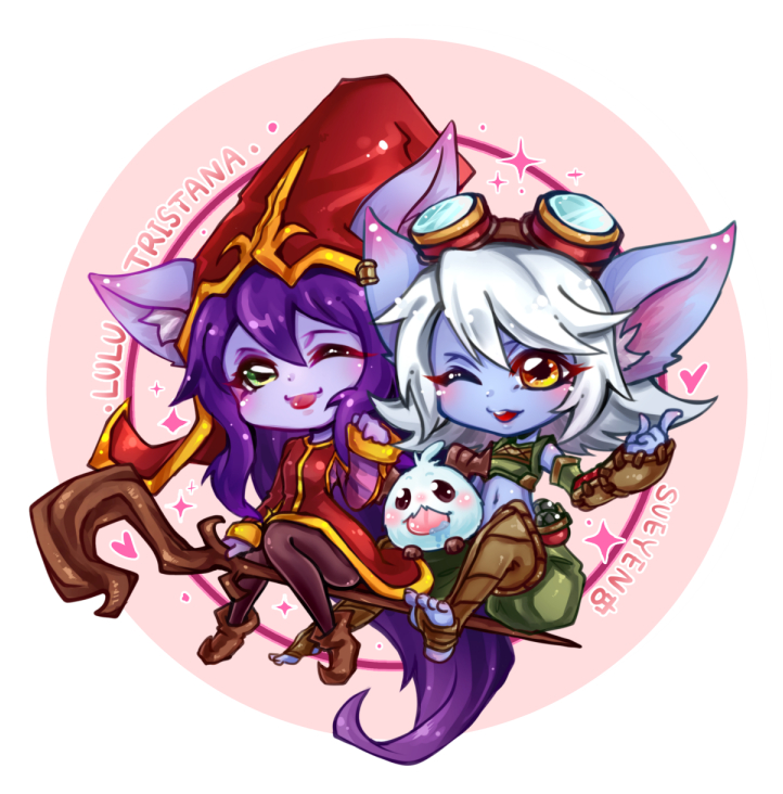 2girls :p artist_name blue_skin brown_shoes ear_piercing goggles goggles_on_head hat league_of_legends long_hair lulu midriff multiple_girls one_eye_closed piercing poro_(league_of_legends) purple_hair purple_skin shoes staff sueyen tongue tongue_out tristana very_long_hair white_hair yordle