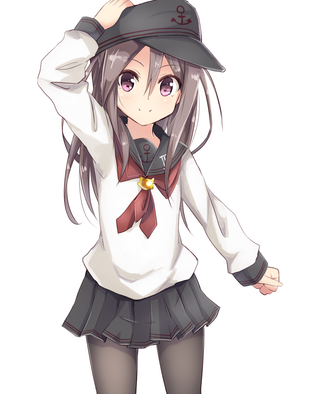 1girl akatsuki_(kantai_collection) akatsuki_(kantai_collection)_(cosplay) amano_kouki anchor_symbol black_legwear black_skirt brown_hair flat_cap hat highres kantai_collection long_hair long_sleeves neckerchief pantyhose pleated_skirt remodel_(kantai_collection) revision school_uniform serafuku skirt smile solo zuihou_(kantai_collection)