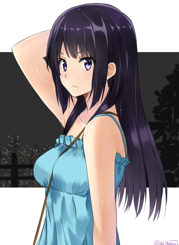 1girl arm_behind_head bare_shoulders black_hair blue_dress breasts cityscape collarbone dress hand_in_hair hibike!_euphonium isshiki_(ffmania7) kousaka_reina long_hair looking_at_viewer looking_to_the_side night railing silhouette solo strap_cleavage tree twitter_username upper_body violet_eyes