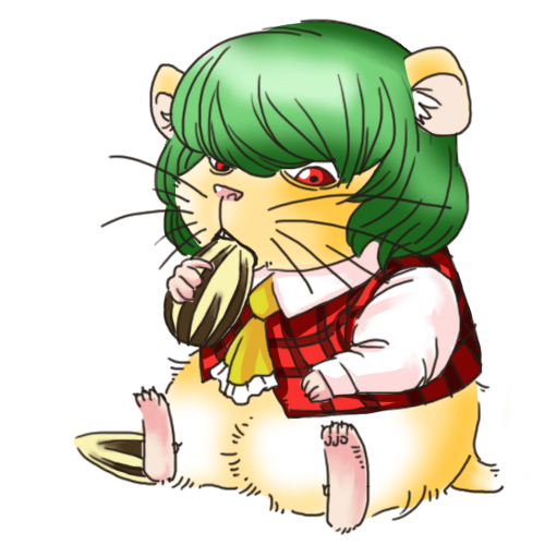 animalization ascot eating green_hair hamster hamster_ears kazami_yuuka locomon long_sleeves lowres plaid plaid_vest red_eyes seed short_hair simple_background sitting sunflower_seed touhou whiskers white_background