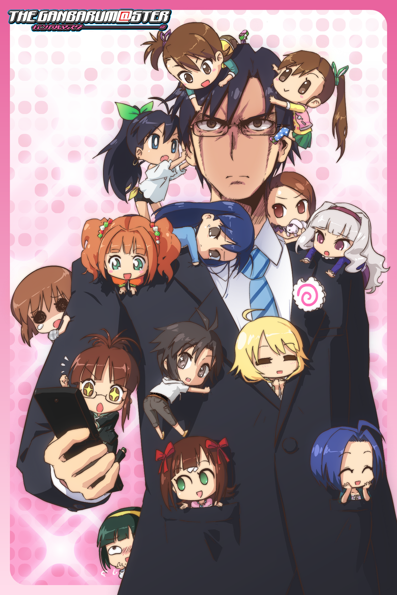 +_+ 1boy 6+girls akizuki_ritsuko amami_haruka business_suit cellphone chibi everyone futami_ami futami_mami ganaha_hibiki glasses hagiwara_yukiho highres hoshii_miki idolmaster john_su kamaboko kikuchi_makoto kisaragi_chihaya minase_iori miura_azusa multiple_girls narutomaki necktie otonashi_kotori phone producer_(idolmaster) shijou_takane takatsuki_yayoi troll_face