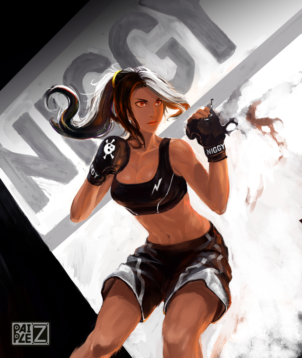 1girl borrowed_character breasts brown_hair cleavage cowboy_shot dissolving_clothes fighting_stance lips long_hair midriff mixed_martial_arts multicolored_hair navel nose orange_eyes original paiple-r ponytail scrunchie shorts solo sports_bra toned two-tone_hair white_hair