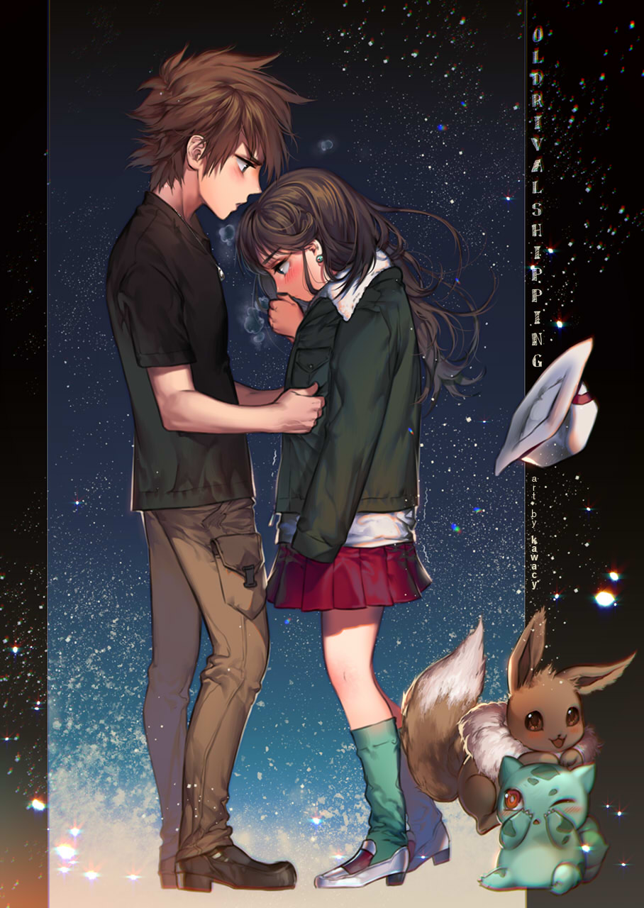 1boy 1girl artist_name blue_(pokemon) blush brown_hair bulbasaur cold couple earrings eevee hat hat_removed headwear_removed height_difference highres jacket_on_shoulders jewelry kawacy long_hair miniskirt night night_sky ookido_green ookido_green_(frlg) pleated_skirt pokemon pokemon_(creature) pokemon_(game) pokemon_frlg profile red_skirt skirt sky