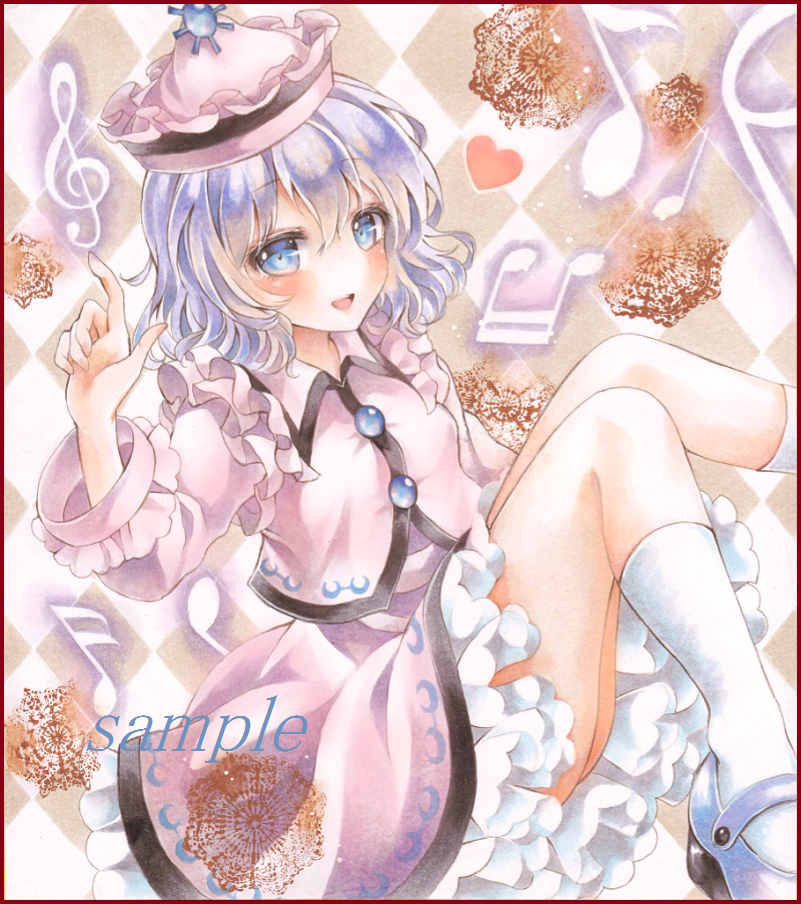 1girl argyle argyle_background blue_eyes blue_hair border colored_pencil_(medium) doily frilled_skirt frills hat heart index_finger_raised kneehighs leg_lift long_sleeves looking_at_viewer marker_(medium) mary_janes merlin_prismriver musical_note open_mouth potto_(minntochan) sample shoes short_hair sitting skirt skirt_set solo sun_(symbol) touhou traditional_media treble_clef watercolor_(medium) white_legwear