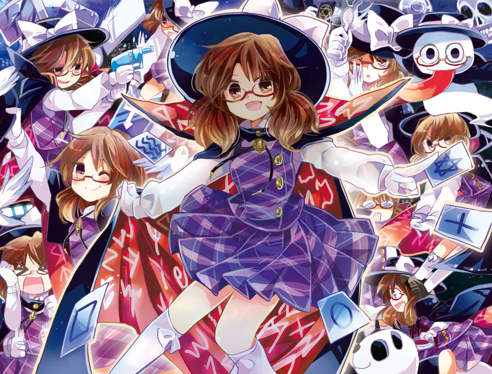 &gt;_&lt; 1girl brown_eyes brown_hair cape card ghost glasses gloves gun hat hat_removed headwear_removed kneehighs low_twintails one_eye_closed open_mouth panda plaid plaid_skirt plaid_vest red-framed_glasses school_uniform skirt smile spoon suzune_yuuji touhou twintails usami_sumireko weapon white_gloves white_legwear