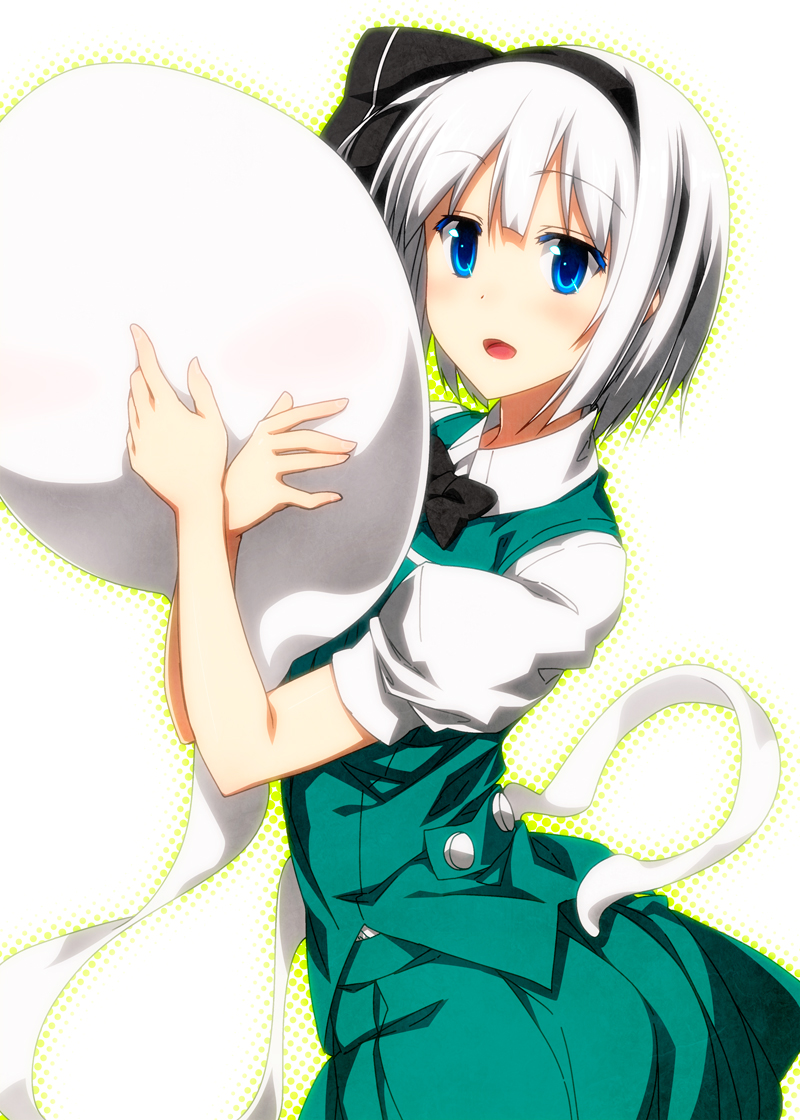 1girl blue_eyes blush hairband hitodama konpaku_youmu konpaku_youmu_(ghost) looking_at_viewer open_mouth sazanami_mio self_hug short_hair silver_hair simple_background skirt smile solo touhou white_background