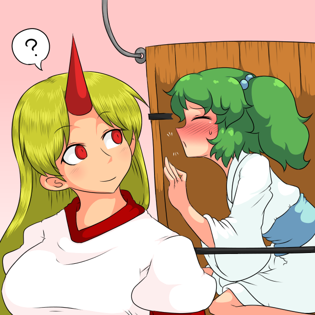 2girls ? blonde_hair blush bucket go_hon_nin green_hair hair_bobbles hair_ornament horn hoshiguma_yuugi in_bucket in_container kisume long_hair multiple_girls red_eyes short_hair touhou twintails yuri